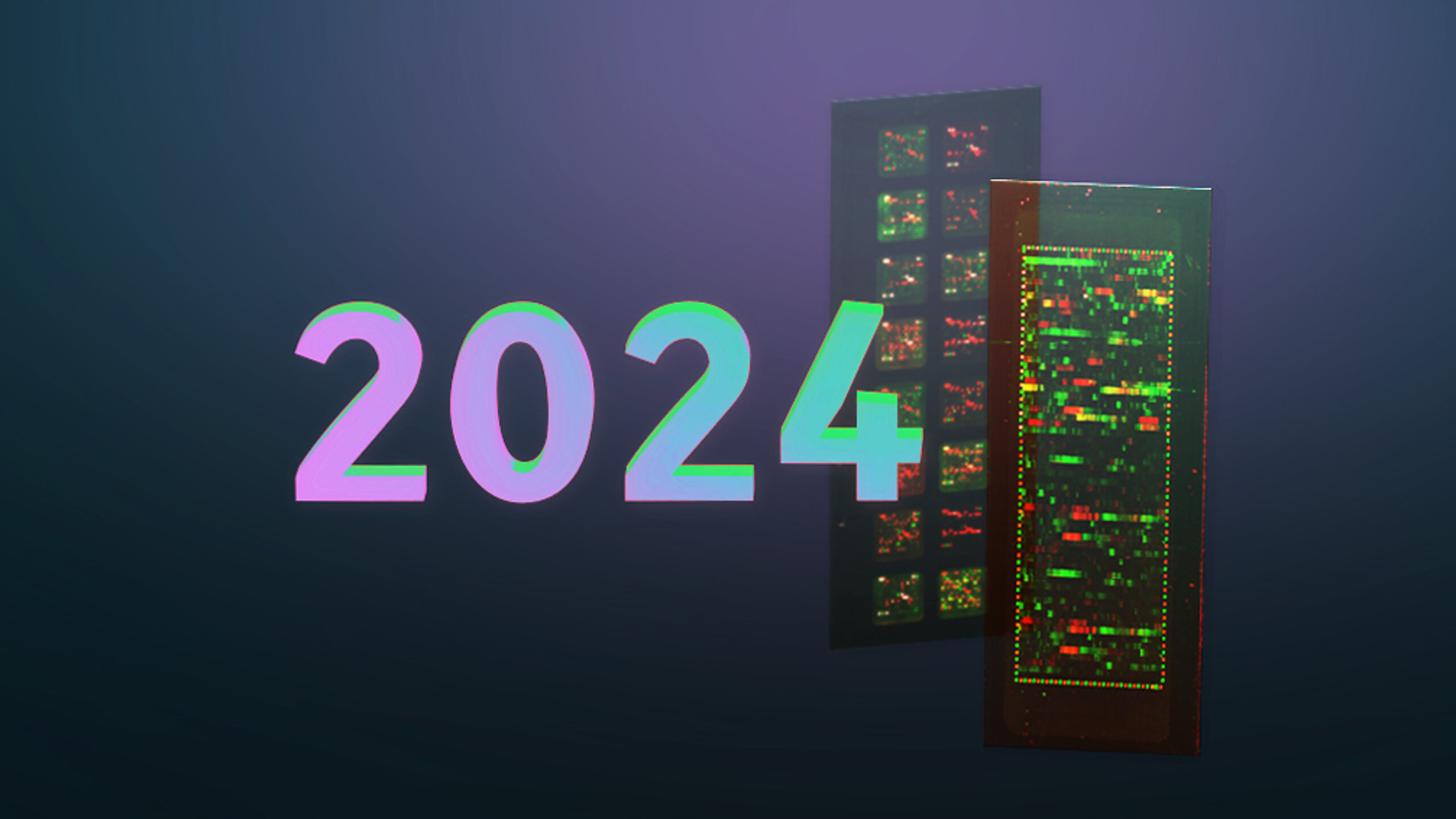 2024 shown as 3D numbers beside two PEPperCHIP® Peptide Microarrays