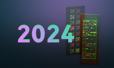 2024 shown as 3D numbers beside two PEPperCHIP® Peptide Microarrays